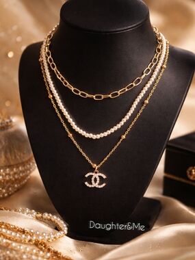 Gold Pearl Layered Necklace Set